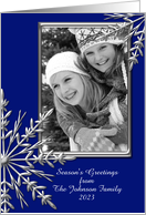 Season’s Greetings Photo Card Blue and Silver Tone Snowflakes card
