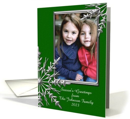 Season's Greetings Photo Card Green and Silver Tone Snowflakes card