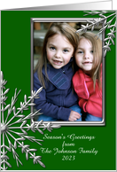 Season’s Greetings Photo Card Green and Silver Tone Snowflakes card