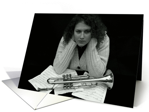 Girl with trumpet & music notes card (135567)