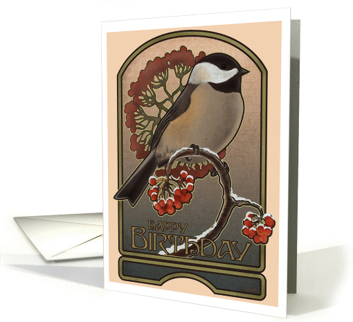 Chickadee and the Red Berries - Birthday card (142146)