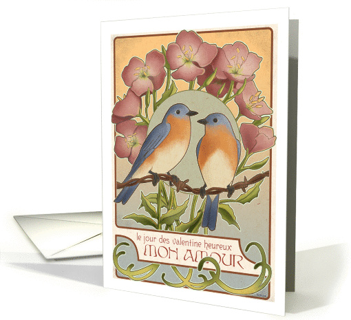 Bluebirds and Primrose - French Valentine card (146886)
