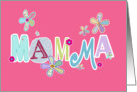 mamma, Italian happy mother’s day, letters and flowers, pink card