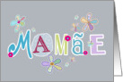 Mame, happy mother’s day in Portuguese, letters and flowers, grey card