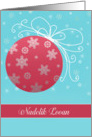 Merry Christmas in Cornish, red glass ornament, snowflakes card