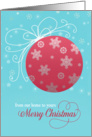 Merry Christmas from our home to yours, red glass ornament, snowflakes card