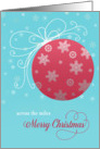 Merry Christmas across the Miles, red glass ornament, card