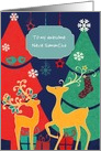 Customizable Christmas card, reindeer, Christmas trees, retro card