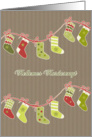 Merry Christmas in Hungarian, stockings, kraft paper effect card