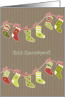 Merry Christmas in Greek, stockings, kraft paper effect card