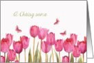 Happy Easter in Scottish Gaelic, A’ Chisg sona, tulips, butterflies card