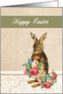 Happy Easter, sweet vintage bunny offering flowers card