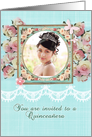 Quinceaera invitation, photo card, pink roses, lace effect card