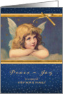 For step son and family, peace-joy, Christmas card, vintage angel card