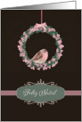Merry Christmas in Portuguese, robin and wreath, illustration card