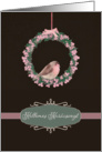 Merry Christmas in Hungarian, robin and wreath, illustration card