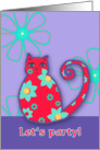 Let’s party! party invitation, cat with funky flowers card
