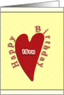 happy 15th birthday, red heart on yellow background card