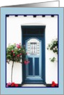 blue door, rose bushes, old house, photograph, blank note card