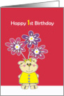 happy 1st birthday, cute little bear with flowers card