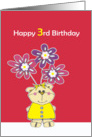 happy 3rd birthday, cute little bear with flowers card