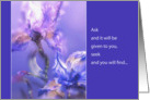 Mathew 7, christian scripture card, blue irises on purple card