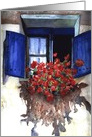 Geraniums in window, Christian Birthday card, Irish Blessing card