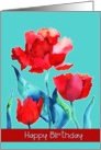 Happy birthday, red tulips on teal background card
