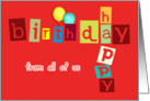 happy birthday from all of us, business birthday card, letters red card