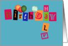 half birthday, teal, letters and balloons card