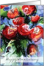 Happy Anniversary, Vibrant red roses in vase, Watercolor painting card