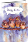 Happy Easter, cute singing sparrows, watercolor painting card