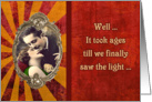 we are getting married after finally seeing the light, vintage couple card