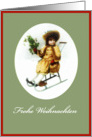 Frohe Weihnachten, Merry Christmas in German, girl on sleigh, holly card