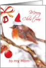 To my Mom, Merry Christmas, robin, stocking, glass ornament card