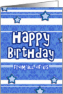 Happy Birthday from all of us, Stars, Stripes, blue Damask card