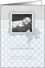 new baby boy birth announcement, photo card, grey, 3d-effect ribbon card