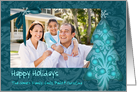 christmas photo card,christmas tree, blue damask and ornaments card