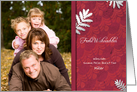 German merry christmas photo card, silver leaves on red damask card