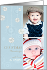 Christmas blessings, photo card, snowflakes & ornaments, blue & white card
