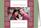 christmas photo card,red border and ornaments, green background card