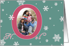 Noel, christmas photo card, red letters, snowflakes, card
