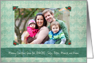 photo corners, christmas photo card, green damask, bow-effect card