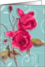 two red roses, watercolor painting, turquoise background, card