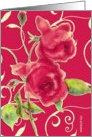 two red roses, watercolor painting, red background, card