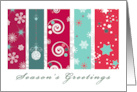 Season’s Greetings Green and Red Bauble Snowflakes and Stars card