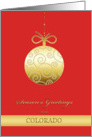 Season’s Greetings from Colorado, gold glass bauble, Christmas Card