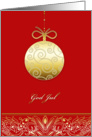 God Jul, Merry christmas in Norwegian, gold ornament, red card