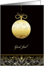 God Jul, Merry christmas in Swedish, gold ornament, black card