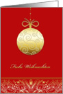Frohe Weihnachten, Merry christmas in German, gold ornament, red card